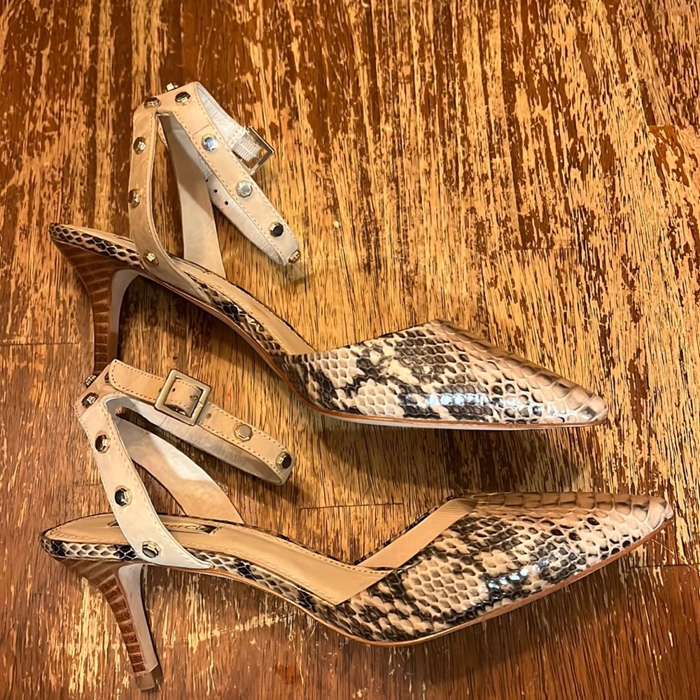 Louise et cie Snake print heels gold studded ankle straps